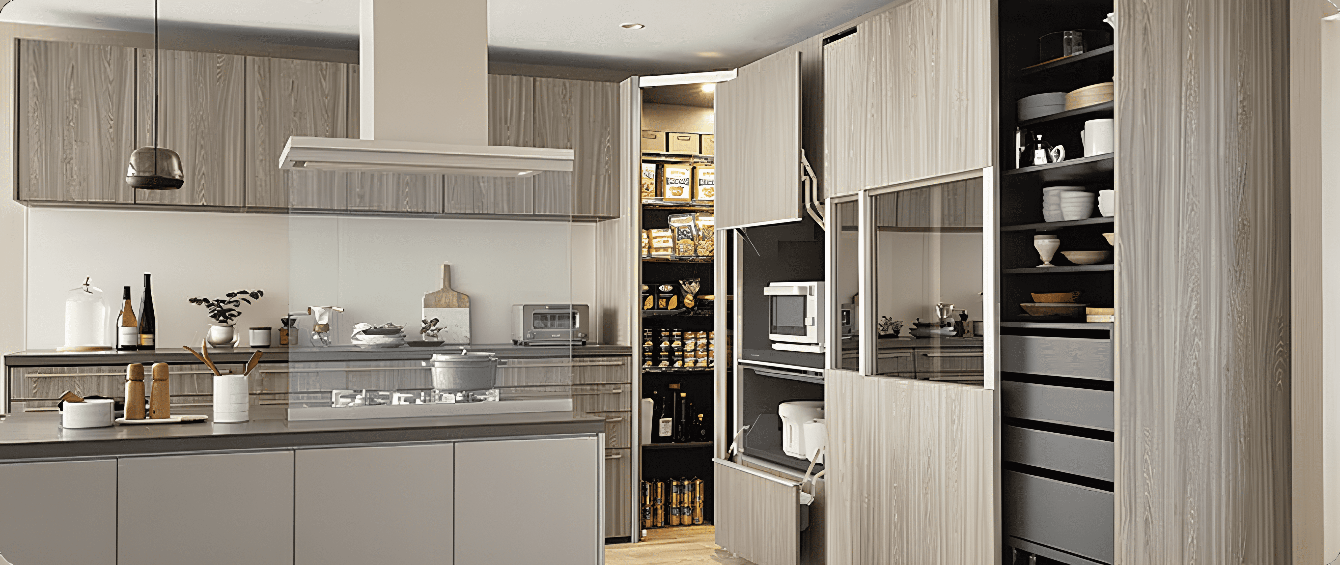 キッチン収納と家電が収まったカップボードのあるキッチン